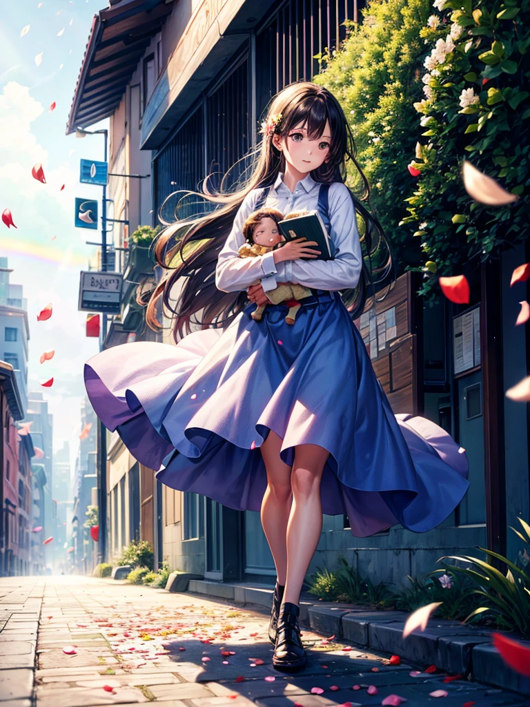 Highest quality,Highest Resolution,A woman walking down a sidewalk with falling flower petals, holding a baby,In the sky１Rainbow of Books,
