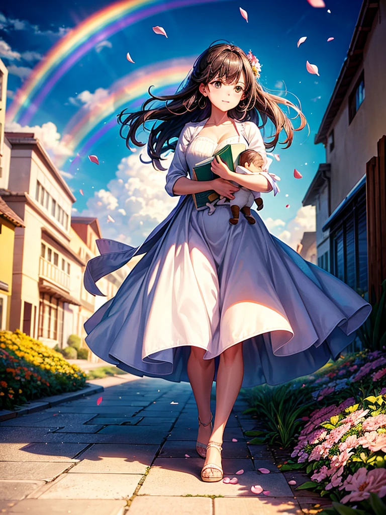 Highest quality,Highest Resolution,A woman walking down a sidewalk with falling flower petals, holding a baby,In the sky1Rainbow of Books,