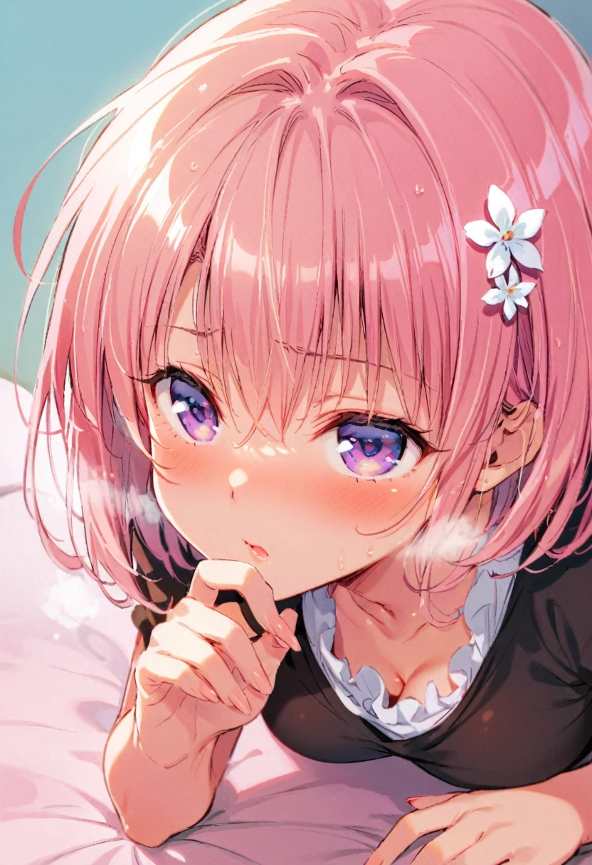 ultra-detailed、(8k, RAW photo, best quality, masterpiece:1.2), (extremely detailed 8k wallpaper),professional lighting,sharp focus, depth of field、nfws,((((face close up)))),((((美しいflower嫁)))),(((Pink fluffy short bob、rainbow colored curl hair、Curly hair)))、(((full white wedding dress))),(((lace veil、lace shawl、tiara、necklace))),(((Complete Five Fingers))),(((Ring on the ring finger of the left hand))),((A lot of milk on her face and chest)),((((blowjob)))),((((Sweat、wet body)))),((((blush,very embarrassed)))),((((steam around the face)))),flower、(clavicle)、((luxury bed)),(((night))),(Correct number of upper limbs、Correct number of fingers)