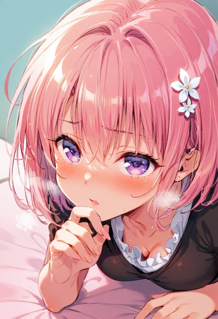 (Perfect Face, Detailed face, Beautiful Eyes,Perfect hands,Perfect Fingers)、Red face、((vapor))、hot、Momo Juvenile Deviluke, Ph Momo, Maternal, Foot, alone, 1 Girl, Pink Hair, Purple eyes, short hair, Hair Flowers, Big eyes, Masturbation,A flushed expression、Dirty face、Grin、Drooling、((Love Hotel))、 (masterpiece:1.2, Highest quality), (細かくてBeautiful Eyes: 1.2), (Beautiful and dense face), (Sharp facial hair between the eyes)、(About white panties, Camel Toe), 12 years old, Grinding, Transparent panties,On all fours、Large Breasts、Neon lighting、Looking up、Glare、Heavy breathing、Broken look、Going crazy、shout