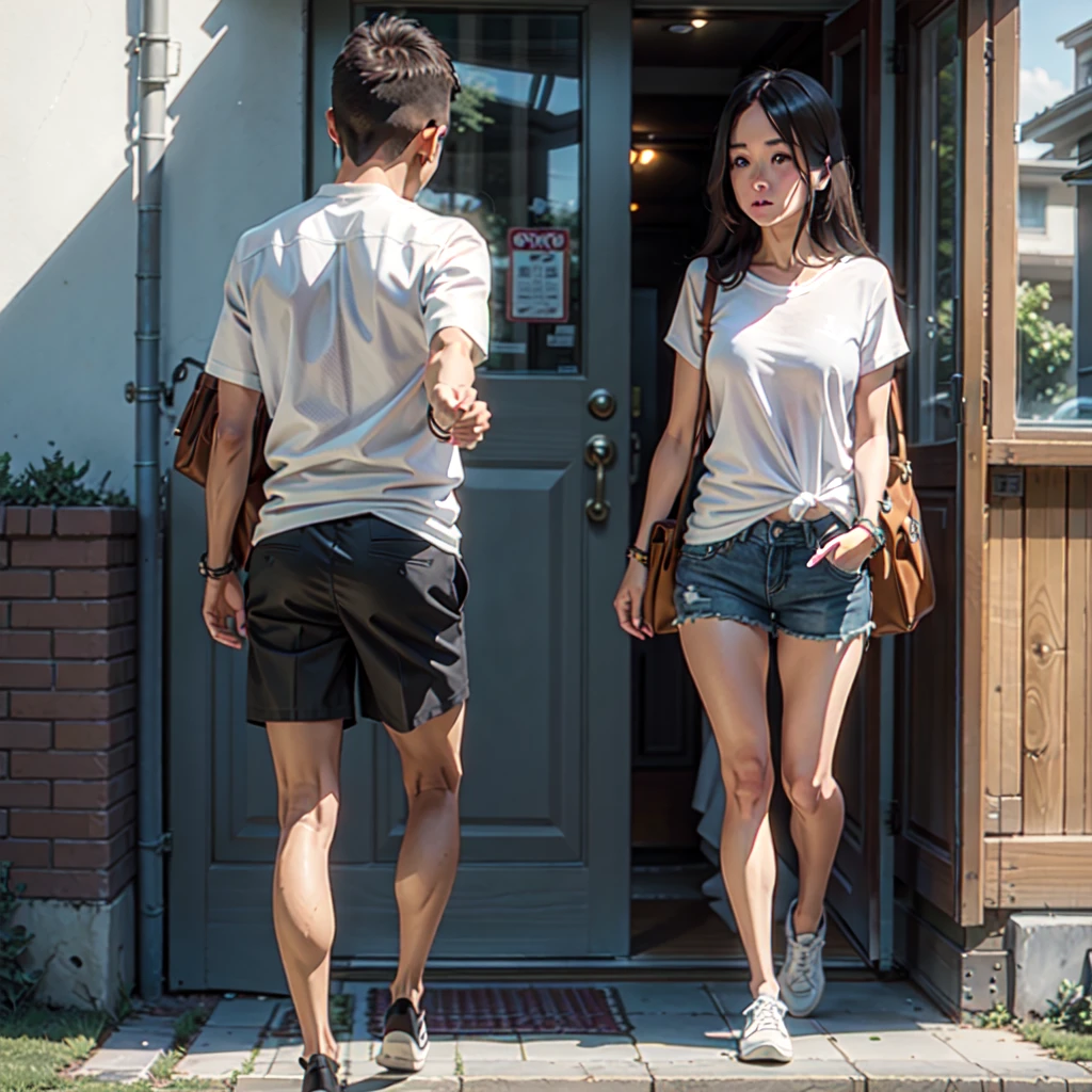 white shirt, shorts