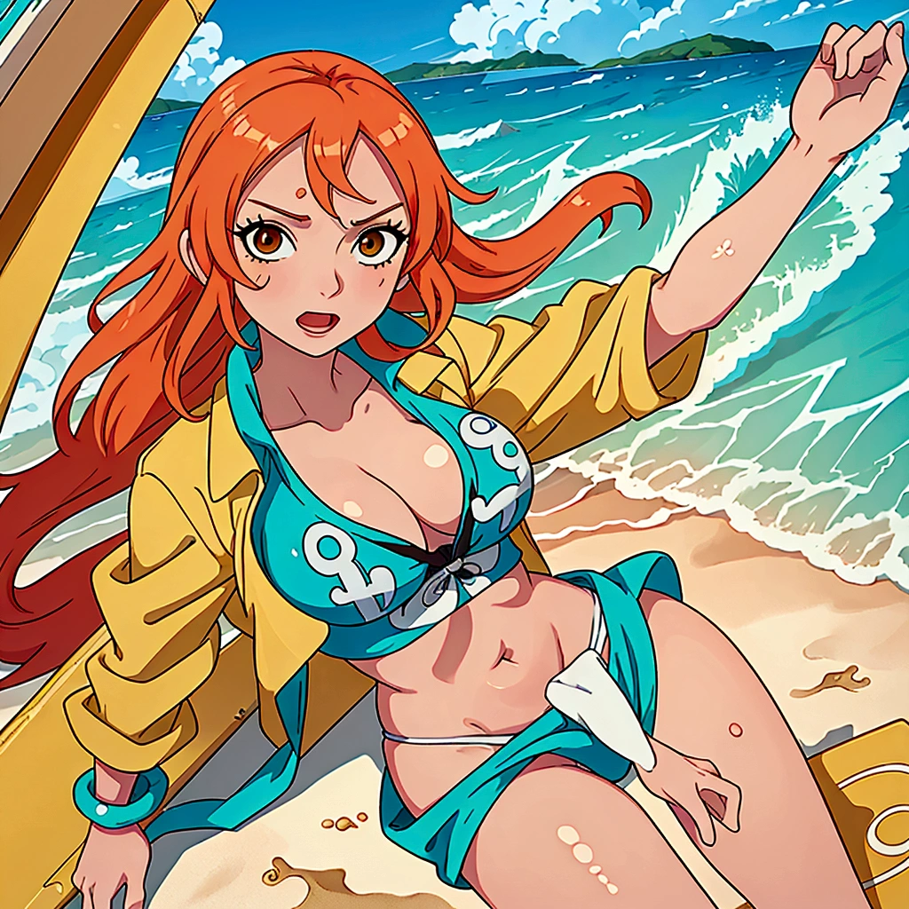 make a youtube banner using the characters nami from one piece at the beach with a onepiece swim suit
