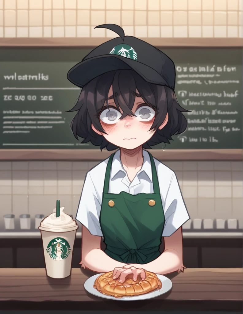 1 girl, alone, ppka, black fur, short hair, messy fur, Ahoge, parts, parts por todo el cuerpo, grey eyes, blind eyes, kind eyes, very nervous, looking at the viewer, blushing,
Cafeteria, Starbucks, Counter, detras del Counter, taking order from the spectator White blouse, black cap, green apron, uniforme de Starbucks, (uniforme de Starbucks)
