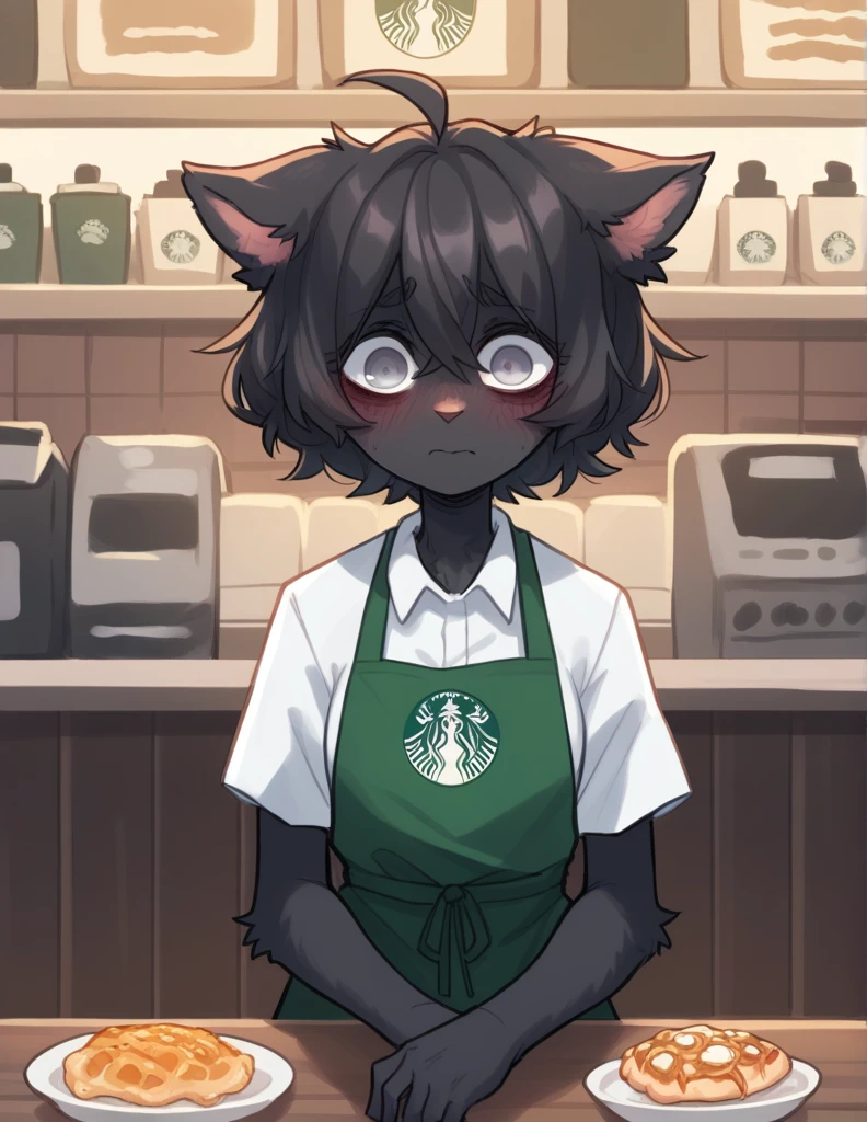 1 girl, alone, ppka, black fur, short hair, messy fur, Ahoge, parts, parts por todo el cuerpo, grey eyes, blind eyes, kind eyes, very nervous, looking at the viewer, blushing,
Cafeteria, Starbucks, Counter, detras del Counter, taking order from the spectator White blouse, black cap, green apron, uniforme de Starbucks, (uniforme de Starbucks)