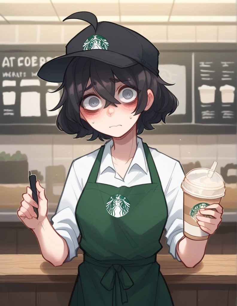 1 girl, alone, ppka, black fur, short hair, messy fur, Ahoge, parts, parts por todo el cuerpo, grey eyes, blind eyes, kind eyes, very nervous, looking at the viewer, blushing,
Cafeteria, Starbucks, Counter, detras del Counter, taking order from the spectator White blouse, black cap, green apron, uniforme de Starbucks, (uniforme de Starbucks)