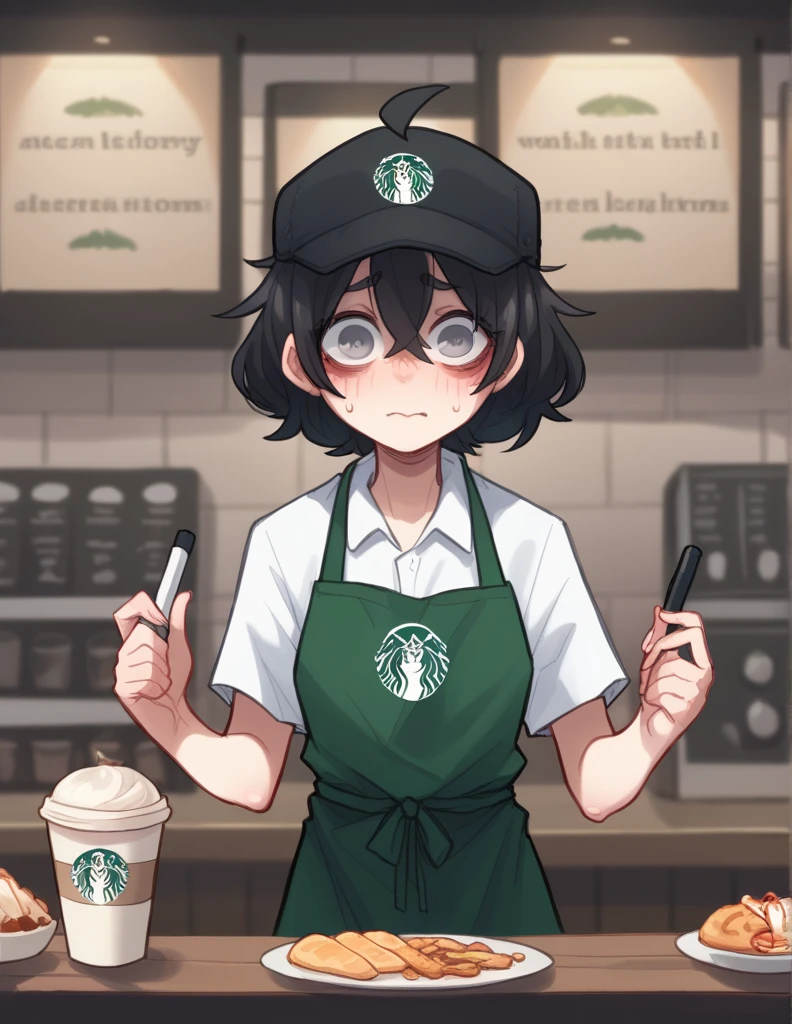 1 girl, alone, ppka, black fur, short hair, messy fur, Ahoge, parts, parts por todo el cuerpo, grey eyes, blind eyes, kind eyes, very nervous, looking at the viewer, blushing,
Cafeteria, Starbucks, Counter, detras del Counter, taking order from the spectator White blouse, black cap, green apron, uniforme de Starbucks, (uniforme de Starbucks)