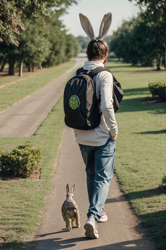 A bunny walking on two legs with a turtle shell backpack