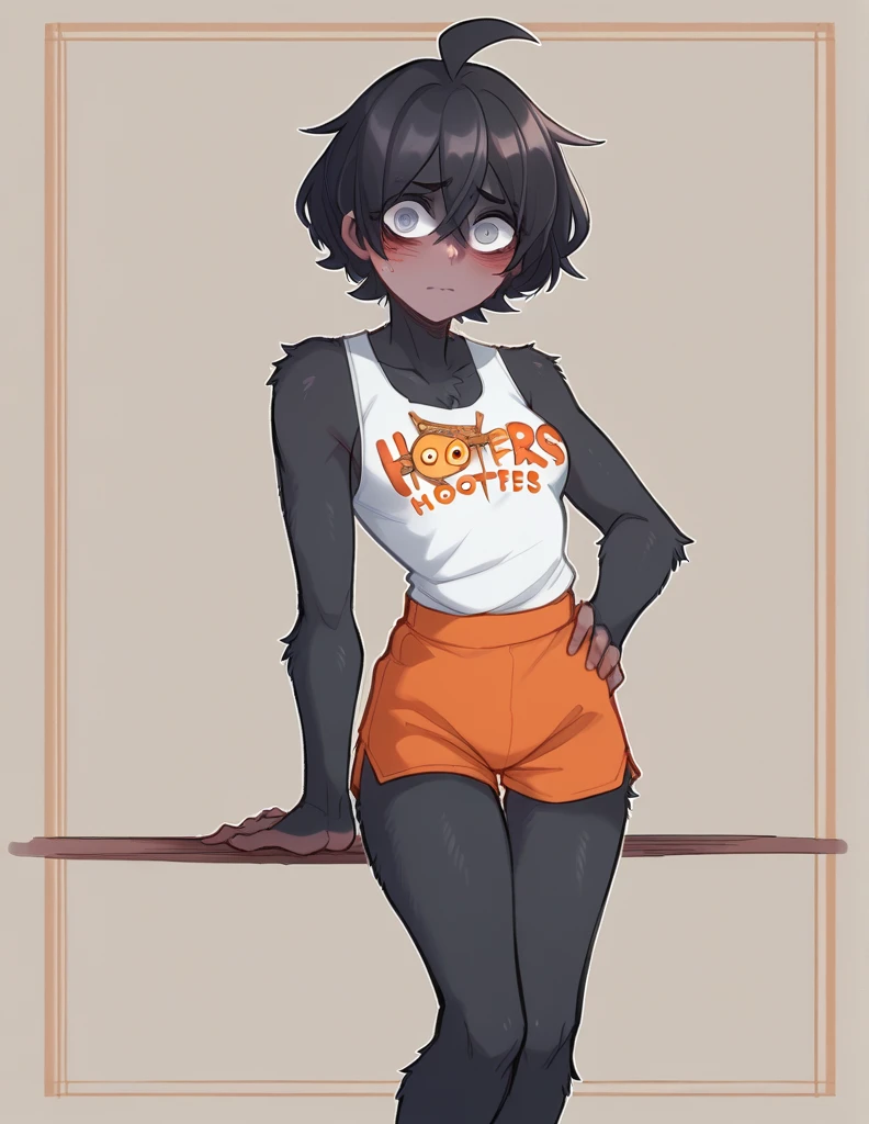 1 girl, alone, ppka, black fur, short hair, messy fur, Ahoge, parts, parts por todo el cuerpo, grey eyes, blind eyes, kind eyes, very nervous, looking at the viewer, blushing Minishort, minishort naranja, sport short, mini tank top, mini shirt blanca, white tennis shoes, (hooters waitress) (Hooters uniform) restaurant, pose sexy