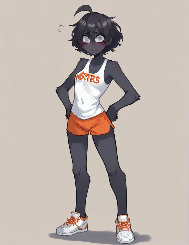 1 girl, alone, ppka, black fur, short hair, messy fur, Ahoge, parts, parts por todo el cuerpo, grey eyes, blind eyes, kind eyes, very nervous, looking at the viewer, blushing Minishort, minishort naranja, sport short, mini tank top, mini shirt blanca, white tennis shoes, (hooters waitress) (Hooters uniform) restaurant, pose sexy