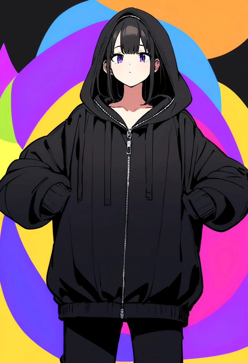 Oversized full zip-up sweatshirt with long sleeves、Oversized zip collar、Putting on a loose hoodie with your arms、Black hoodie、Oversized, baggy hoodie