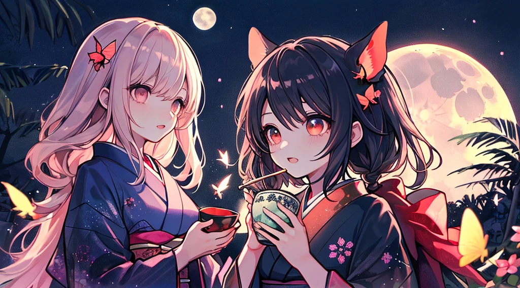 best qualtiy, 超A high resolution, A detailed face, A detailed eye, beautiful sexy woman, black and red kimono, moon in background, nigh sky, holding sake in hand, Sparkle, butterflys々, Fantastical, Looking up at the moon, sit at the base of a tree,