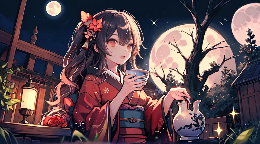 best qualtiy, 超A high resolution, A detailed face, A detailed eye, beautiful sexy woman, black and red kimono, moon in background, nigh sky, holding sake in hand, Sparkle, butterflys々, Fantastical, Looking up at the moon, sit at the base of a tree,