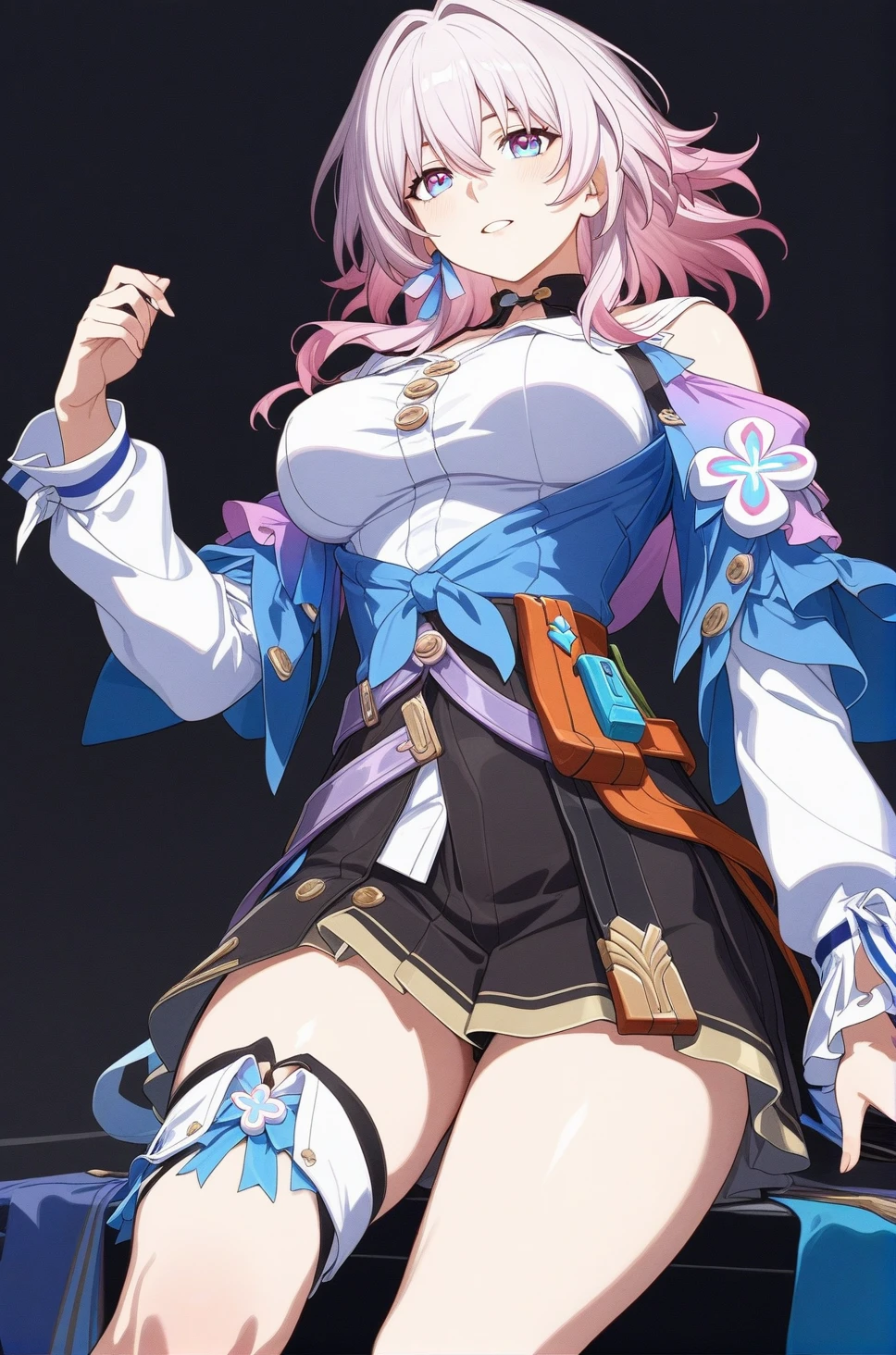 best quality, amazing quality, very aesthetic, absurdres, 1girl, march 7th (honkai: star rail), star rail, honkai \(series\), blue eyes, pink hair, spread legs, sit, (artist official art:1.5), (realistic face), (narrowed eyes), (cowboy shot), (art:1.5), (chinese clothes), (beautiful thigh), expressive eyes, perfect face, 4k, extremely detailed anime illustration, extremely detailed eyes, enhanced details, perfect anatomy, light rays, photo background, extremely delicate body, smooth skin, feminine expression, (black background:1.5), cristal clear eyes, beautiful face, big breasts