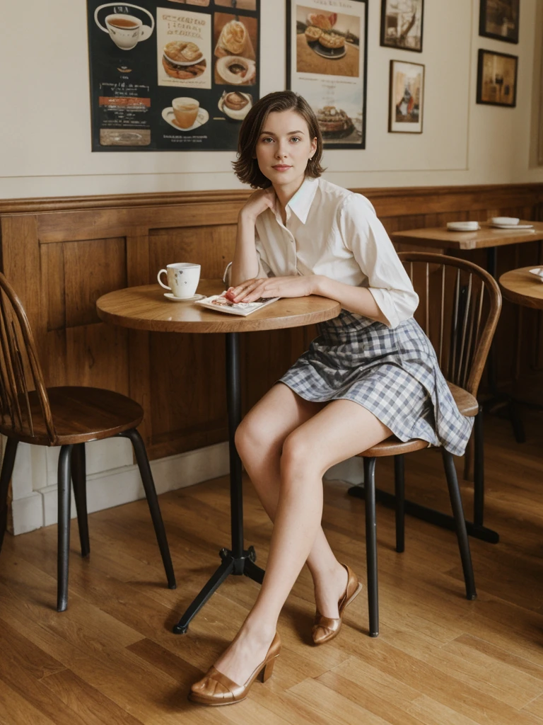her name is Elle, high quality, 1girl, ((20-year-old fit Caucasian woman)), ((20 years old)), ((fit)), ((pale skin)), short length straight dark hair , wearingRuched Front Satin Blouse + High-Waisted Asymmetrical Skirt, pose: sitting on a chair, background: Describe the cozy interior of a Parisian café, with its small round tables topped with checkered tablecloths, wrought iron chairs, vintage posters adorning the walls, and the aroma of freshly brewed coffee mingling with the scent of freshly baked croissants.