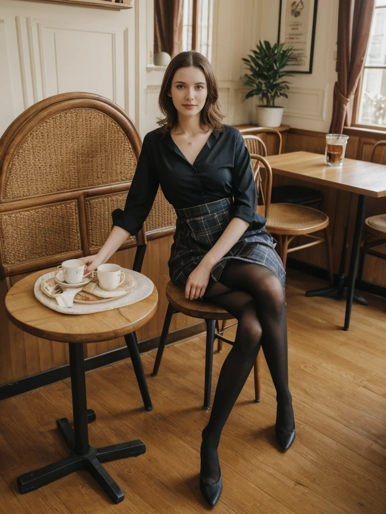 her name is Elle, high quality, 1girl, ((20-year-old fit Caucasian woman)), ((20 years old)), ((fit)), ((pale skin)), short length straight dark hair , wearingRuched Front Satin Blouse + High-Waisted Asymmetrical Skirt, pose: sitting on a chair, background: Describe the cozy interior of a Parisian café, with its small round tables topped with checkered tablecloths, wrought iron chairs, vintage posters adorning the walls, and the aroma of freshly brewed coffee mingling with the scent of freshly baked croissants.