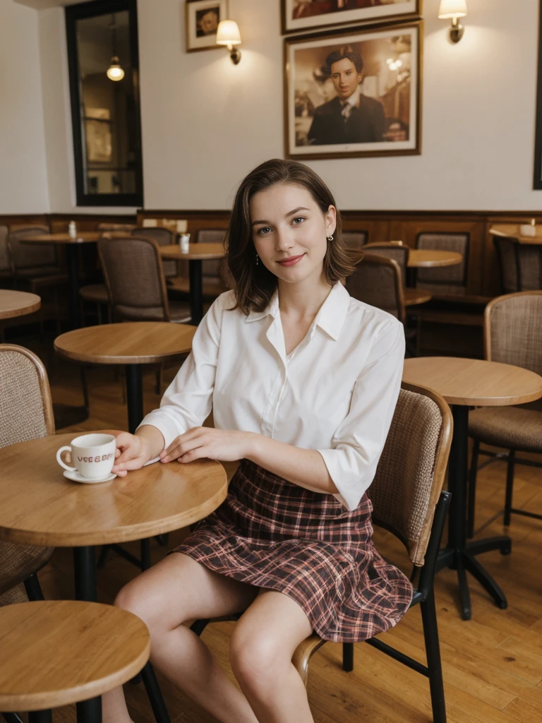 her name is Elle, high quality, 1girl, ((20-year-old fit Caucasian woman)), ((20 years old)), ((fit)), ((pale skin)), short length straight dark hair , wearingRuched Front Satin Blouse + High-Waisted Asymmetrical Skirt, pose: sitting on a chair, background: Describe the cozy interior of a Parisian café, with its small round tables topped with checkered tablecloths, wrought iron chairs, vintage posters adorning the walls, and the aroma of freshly brewed coffee mingling with the scent of freshly baked croissants.