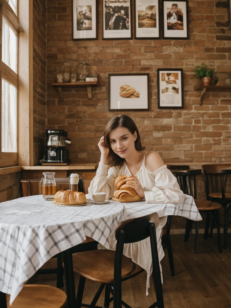 her name is Elle, high quality, 1girl, ((20-year-old fit Caucasian woman)), ((20 years old)), ((fit)), ((pale skin)), short length straight dark hair , wearingRuched Front Satin Blouse + High-Waisted Asymmetrical Skirt, pose: sitting on a chair, background: Describe the cozy interior of a Parisian café, with its small round tables topped with checkered tablecloths, wrought iron chairs, vintage posters adorning the walls, and the aroma of freshly brewed coffee mingling with the scent of freshly baked croissants.