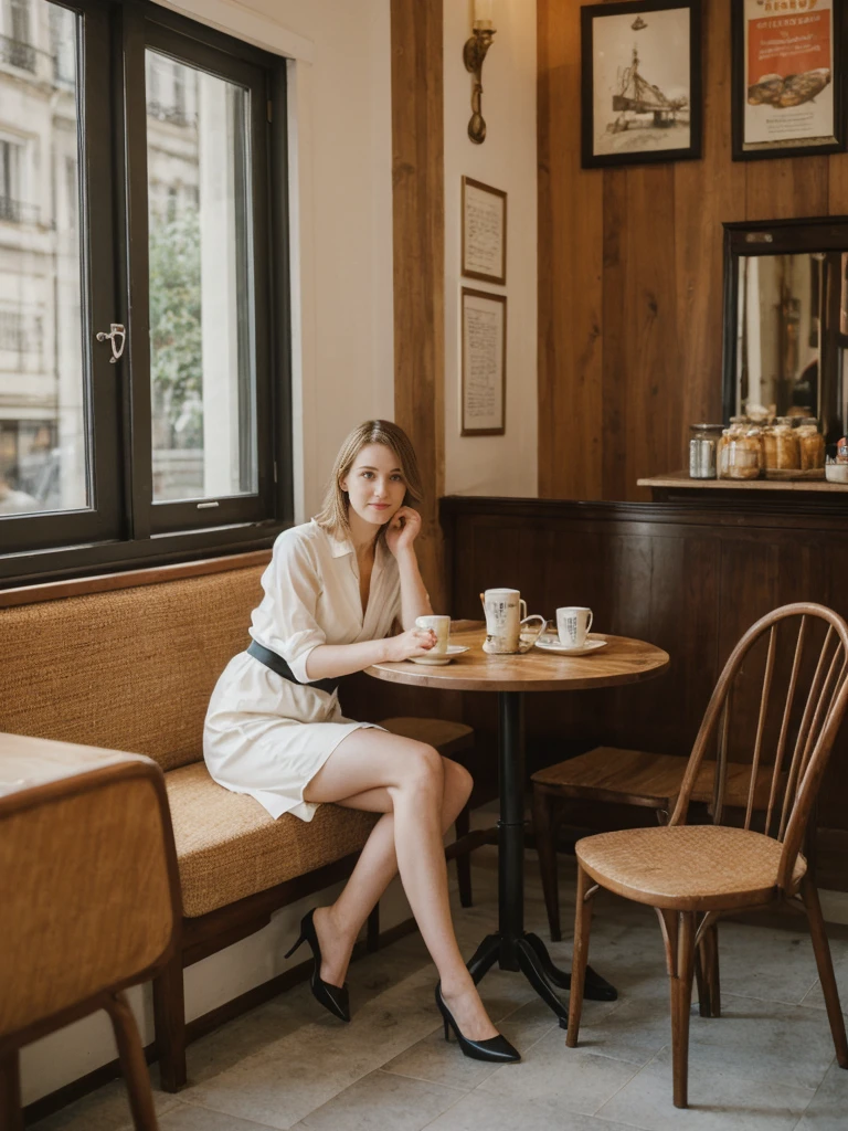 her name is Elle, high quality, 1girl, ((20-year-old fit Caucasian woman)), ((20 years old)), ((fit)), ((pale skin)), short length straight dark hair , wearingRuched Front Satin Blouse + High-Waisted Asymmetrical Skirt, pose: sitting on a chair, background: Describe the cozy interior of a Parisian café, with its small round tables topped with checkered tablecloths, wrought iron chairs, vintage posters adorning the walls, and the aroma of freshly brewed coffee mingling with the scent of freshly baked croissants.