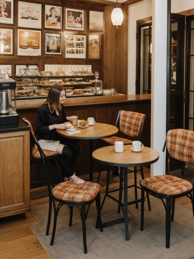 her name is Elle, high quality, 1girl, ((20-year-old fit Caucasian woman)), ((20 years old)), ((fit)), ((pale skin)), short length straight dark hair , wearingRuched Front Satin Blouse + High-Waisted Asymmetrical Skirt, pose: sitting on a chair, background: Describe the cozy interior of a Parisian café, with its small round tables topped with checkered tablecloths, wrought iron chairs, vintage posters adorning the walls, and the aroma of freshly brewed coffee mingling with the scent of freshly baked croissants.