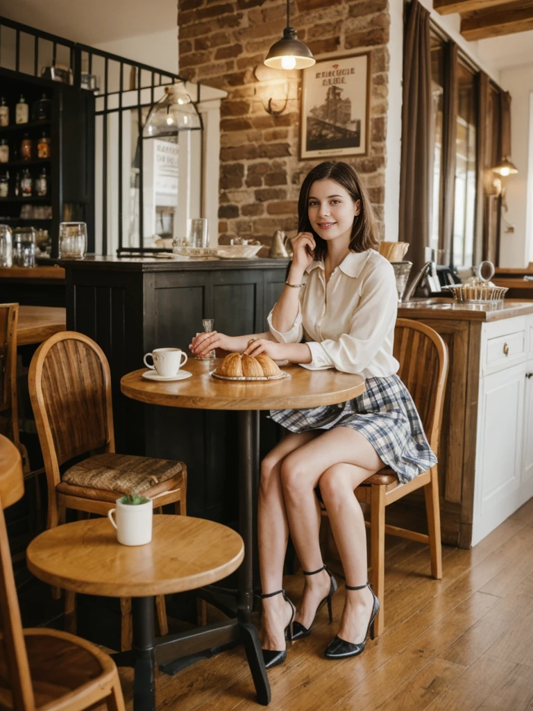 her name is Elle, high quality, 1girl, ((20-year-old fit Caucasian woman)), ((20 years old)), ((fit)), ((pale skin)), short length straight dark hair , wearingRuched Front Satin Blouse + High-Waisted Asymmetrical Skirt, pose: sitting on a chair, background: Describe the cozy interior of a Parisian café, with its small round tables topped with checkered tablecloths, wrought iron chairs, vintage posters adorning the walls, and the aroma of freshly brewed coffee mingling with the scent of freshly baked croissants.