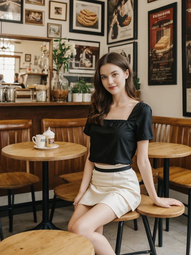 her name is Elle, high quality, 1girl, ((20-year-old fit Caucasian woman)), ((20 years old)), ((fit)), ((pale skin)), short length straight dark hair , wearingRuched Front Satin Blouse + High-Waisted Asymmetrical Skirt, pose: sitting on a chair, background: Describe the cozy interior of a Parisian café, with its small round tables topped with checkered tablecloths, wrought iron chairs, vintage posters adorning the walls, and the aroma of freshly brewed coffee mingling with the scent of freshly baked croissants.