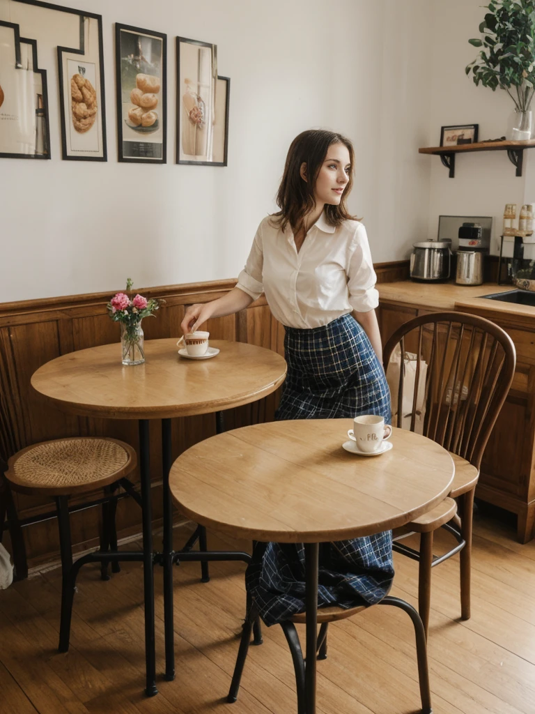 her name is Elle, high quality, 1girl, ((20-year-old fit Caucasian woman)), ((20 years old)), ((fit)), ((pale skin)), short length straight dark hair , wearingRuched Front Satin Blouse + High-Waisted Asymmetrical Skirt, pose: sitting on a chair, background: Describe the cozy interior of a Parisian café, with its small round tables topped with checkered tablecloths, wrought iron chairs, vintage posters adorning the walls, and the aroma of freshly brewed coffee mingling with the scent of freshly baked croissants.