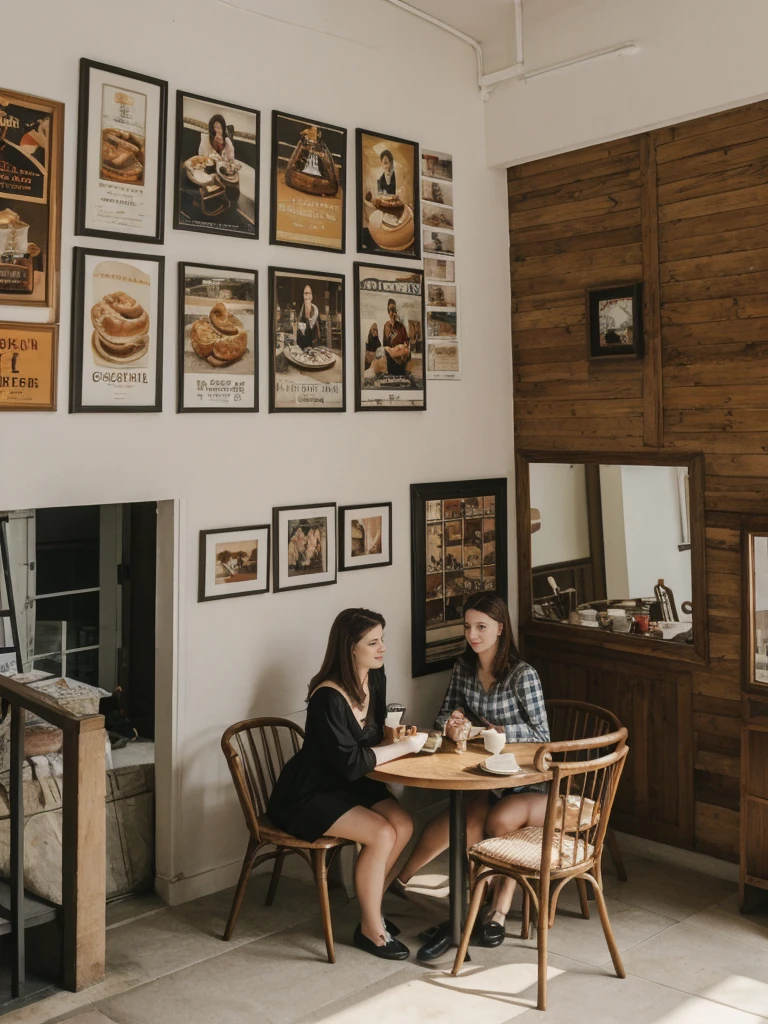 her name is Elle, high quality, 1girl, ((20-year-old fit Caucasian woman)), ((20 years old)), ((fit)), ((pale skin)), short length straight dark hair , wearingRuched Front Satin Blouse + High-Waisted Asymmetrical Skirt, pose: sitting on a chair, background: Describe the cozy interior of a Parisian café, with its small round tables topped with checkered tablecloths, wrought iron chairs, vintage posters adorning the walls, and the aroma of freshly brewed coffee mingling with the scent of freshly baked croissants.