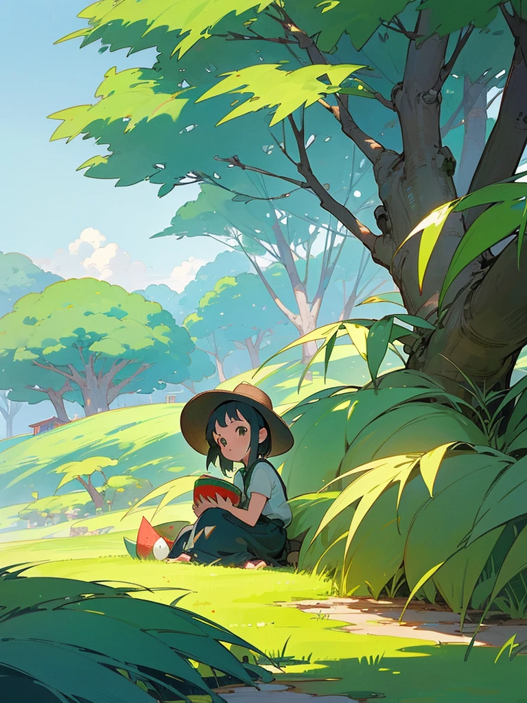 The style of Ghibli animation, Anime pictures, Comic Wallpaper, The style of Ghibli animation,Cute little girl,Sit on the grass and eat watermelon,There is a round watermelon in the bamboo basket in front.,Background is blue sky,field,Several houses,Beautiful rural scenery;Chinese traditional colors,China has 24 solar terms;Exquisite game illustration style;A green plum tree on the corner,Big Tree,Flowers,exuberant;The background is light green,The stars sparkle,Captures the dreamy atmosphere of a fairytale world,Soft pastel shades,Light yellow-green color scheme,Reminiscent of Hayao Miyazaki's style,high resolution