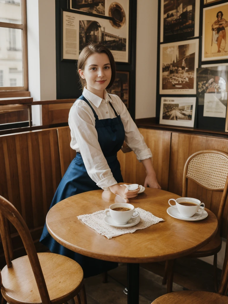 her name is Elle, high quality, 1girl, ((20-year-old fit Caucasian woman)), ((20 years old)), ((fit)), ((pale skin)), short length straight dark hair , wearingRuched Front Satin Blouse + High-Waisted Asymmetrical Skirt, pose: sitting on a chair, background: Describe the cozy interior of a Parisian café, with its small round tables topped with checkered tablecloths, wrought iron chairs, vintage posters adorning the walls, and the aroma of freshly brewed coffee mingling with the scent of freshly baked croissants.