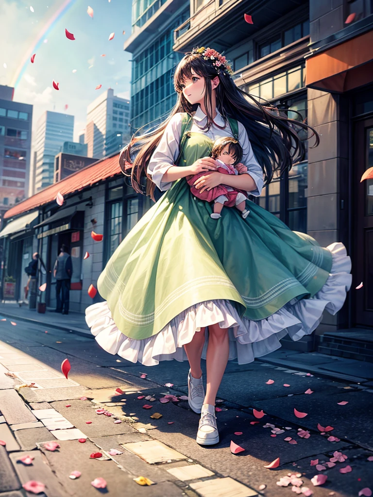 Highest quality,Highest Resolution,A woman walking down a sidewalk with falling flower petals, holding a baby,In the sky1Rainbow of Books,
