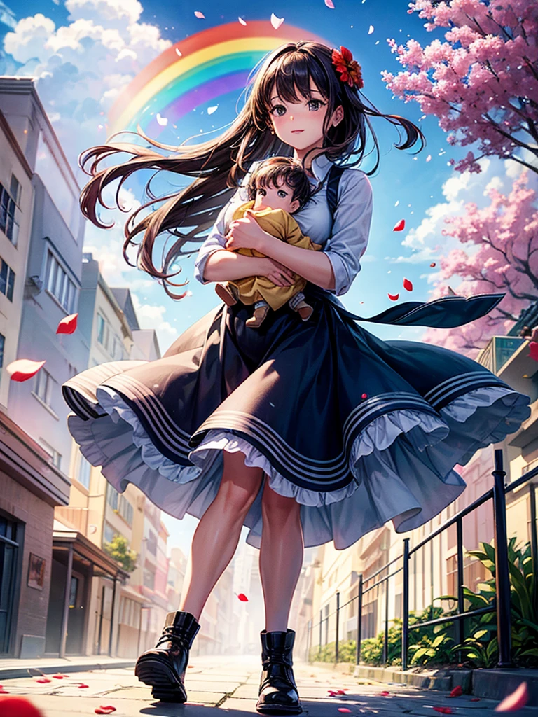 Highest quality,Highest Resolution,A woman walking down a sidewalk with falling flower petals, holding a baby,In the sky１Rainbow of Books,