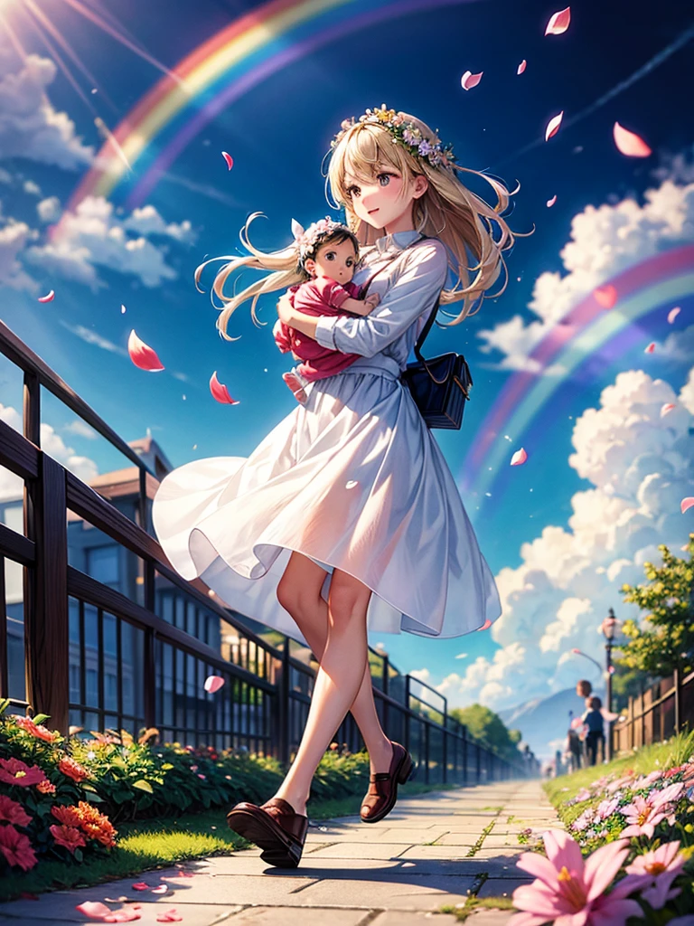 Highest quality,Highest Resolution,A woman walking down a sidewalk with falling flower petals, holding a baby,In the sky１Rainbow of Books,