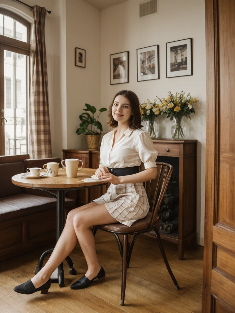her name is Elle, high quality, 1girl, ((20-year-old fit Caucasian woman)), ((20 years old)), ((fit)), ((pale skin)), short length straight dark hair , wearingRuched Front Satin Blouse + High-Waisted Asymmetrical Skirt, pose: sitting on a chair, background: Describe the cozy interior of a Parisian café, with its small round tables topped with checkered tablecloths, wrought iron chairs, vintage posters adorning the walls, and the aroma of freshly brewed coffee mingling with the scent of freshly baked croissants.