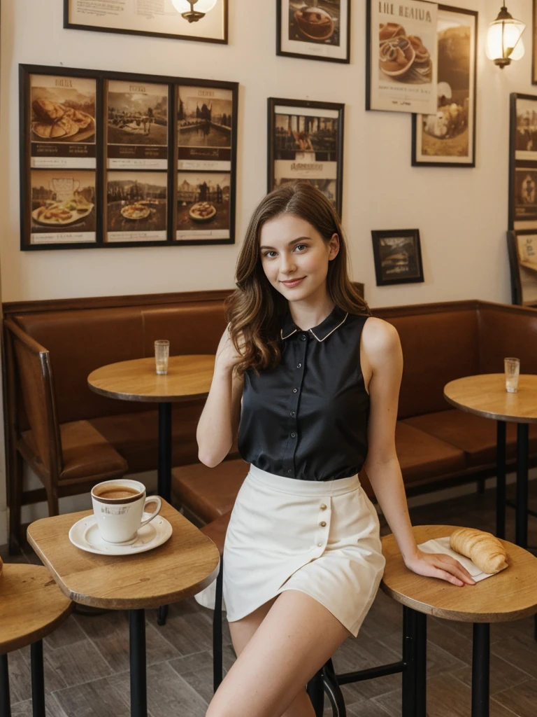 her name is Elle, high quality, 1girl, ((20-year-old fit Caucasian woman)), ((20 years old)), ((fit)), ((pale skin)), short length straight dark hair , wearingRuched Front Satin Blouse + High-Waisted Asymmetrical Skirt, pose: sitting on a chair, background: Describe the cozy interior of a Parisian café, with its small round tables topped with checkered tablecloths, wrought iron chairs, vintage posters adorning the walls, and the aroma of freshly brewed coffee mingling with the scent of freshly baked croissants.