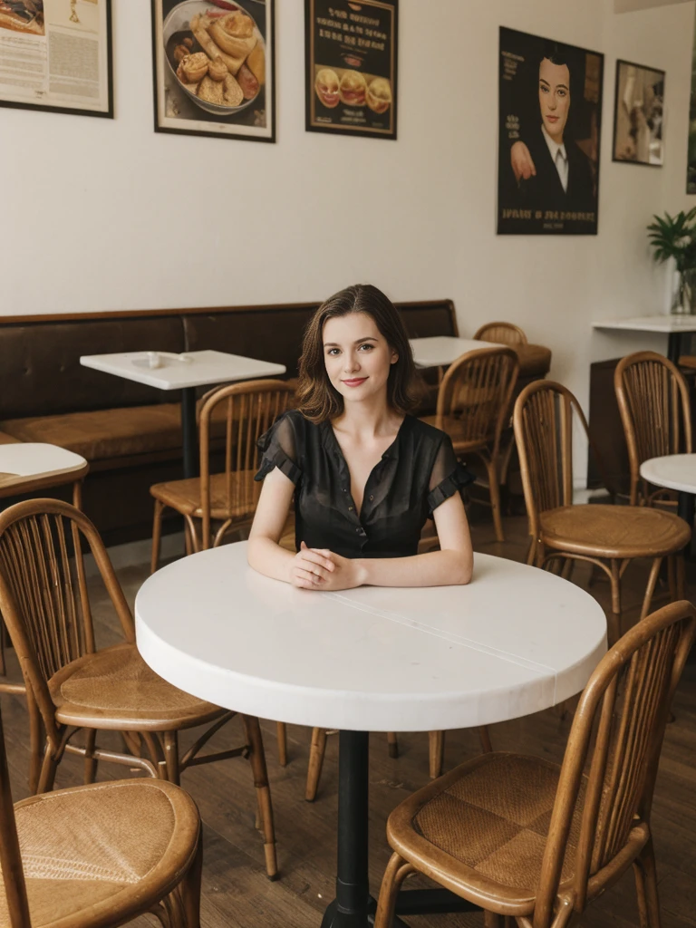 her name is Elle, high quality, 1girl, ((20-year-old fit Caucasian woman)), ((20 years old)), ((fit)), ((pale skin)), short length straight dark hair , wearingRuched Front Satin Blouse + High-Waisted Asymmetrical Skirt, pose: sitting on a chair, background: Describe the cozy interior of a Parisian café, with its small round tables topped with checkered tablecloths, wrought iron chairs, vintage posters adorning the walls, and the aroma of freshly brewed coffee mingling with the scent of freshly baked croissants.