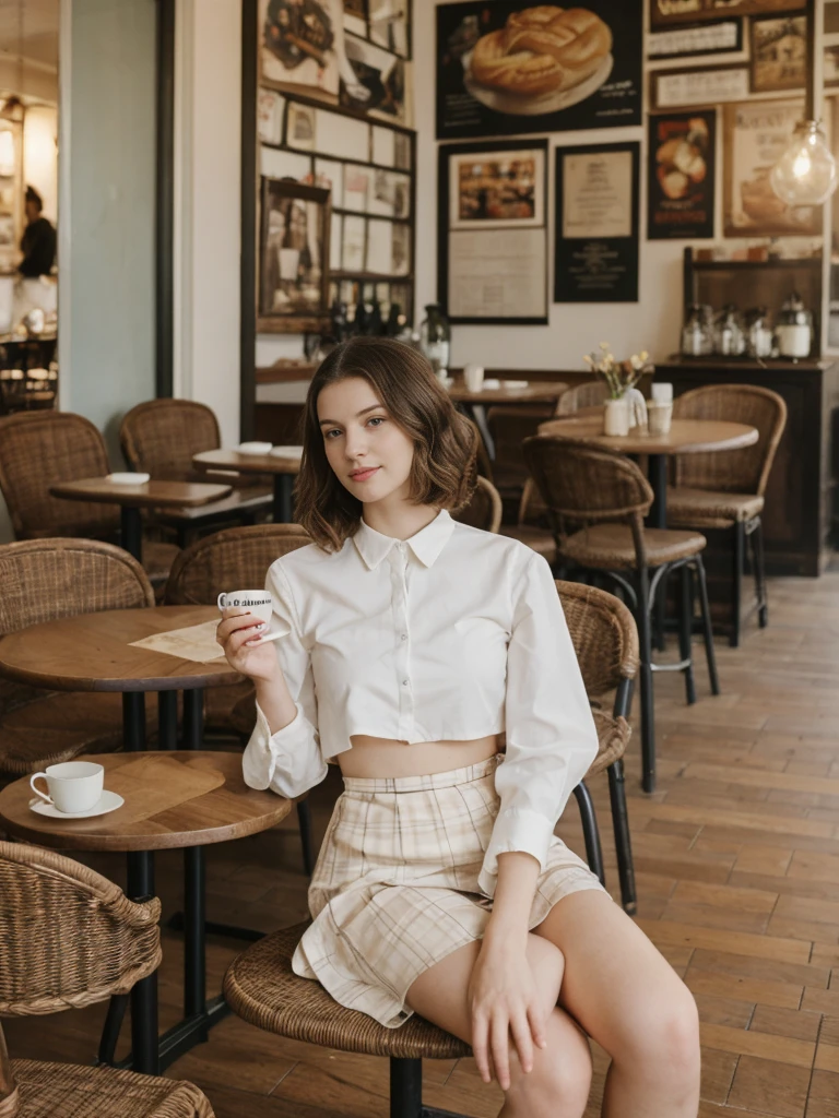 her name is Elle, high quality, 1girl, ((20-year-old fit Caucasian woman)), ((20 years old)), ((fit)), ((pale skin)), short length straight dark hair , wearingRuched Front Satin Blouse + High-Waisted Asymmetrical Skirt, pose: sitting on a chair, background: Describe the cozy interior of a Parisian café, with its small round tables topped with checkered tablecloths, wrought iron chairs, vintage posters adorning the walls, and the aroma of freshly brewed coffee mingling with the scent of freshly baked croissants.