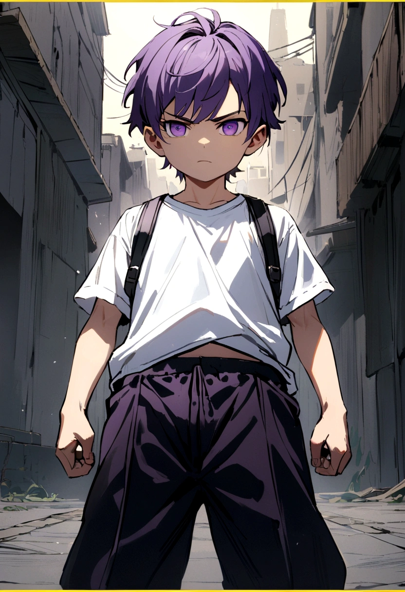 6 years old boy, purple hair with bangs, dark purple eyes, black 2-strap pants, white t-shirt with yellow border. arrogant