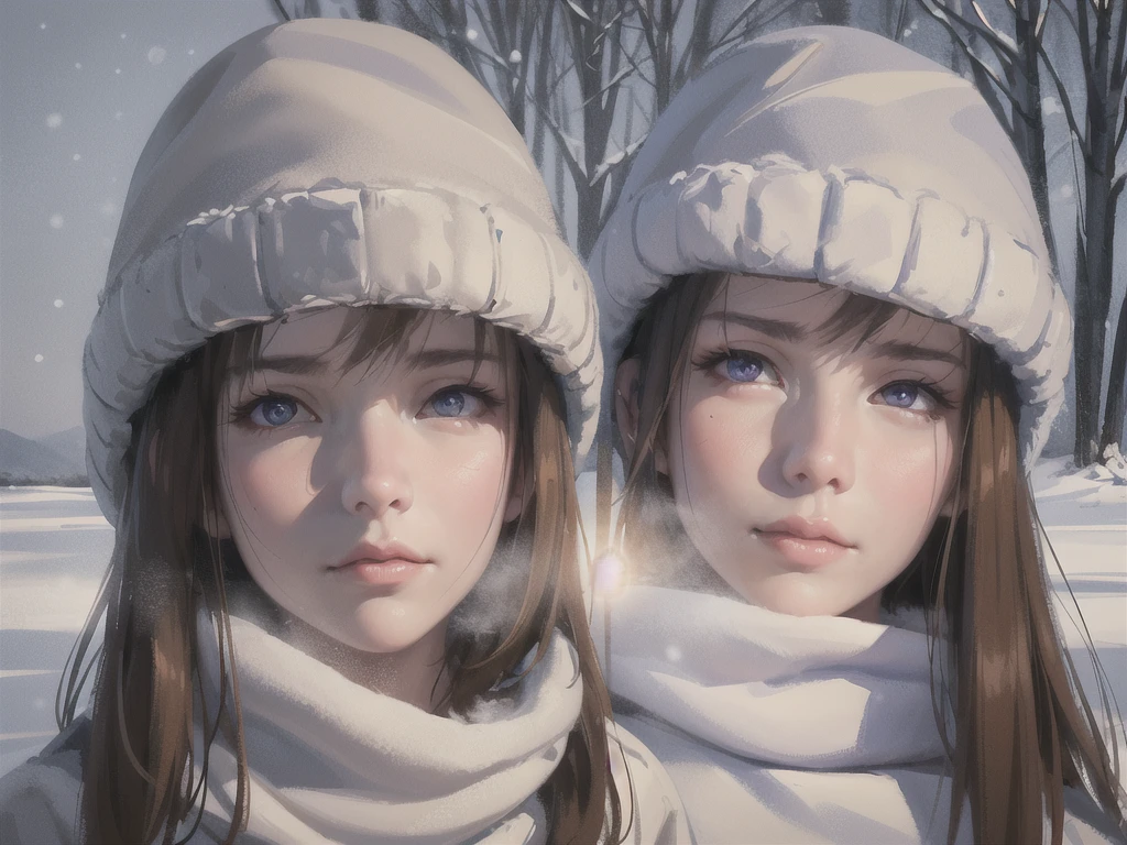 (wlop, dalcefo, realistic, painting, fine detailed faces, ((winter)), cinematic light), [[A man kisses a woman:1.5]].