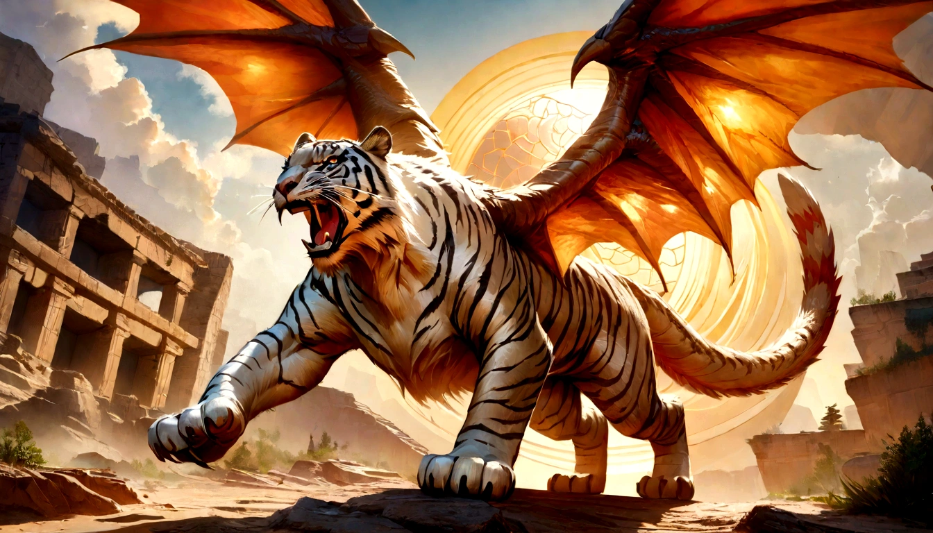A dragon soaring in the sky, a sacred tiger running on the ground (best quality,4k,8k,highres,masterpiece:1.2),ultra-detailed,(realistic,photorealistic,photo-realistic:1.37), vivid colors, sharp focus, HDR, studio lighting, ultra-fine painting, dragon with intricately detailed scales, majestic wings, and piercing eyes, tiger with powerful muscles, majestic striped fur, and intense gaze, magical atmosphere, dynamic composition, lush green scenery, floating clouds, glowing sun, mystical rays of light, ancient ruins in the background, sense of adventure and mystery, ethereal ambiance, dragon and tiger in a fierce confrontation, displaying strength and power, intense and vibrant colors, epic battle scene, roaring flames and fiery breath, sparkles and magical effects, unprecedented attention to detail, intricate textures and patterns, meticulous brushwork, stunning realism, fine artistic craftsmanship, dramatic lighting and shadows, capturing the essence of mythical creatures, emphasizing their grandeur and majesty, evoking a sense of awe and wonder, masterful depiction of movement and energy, fusion of fantasy and reality, blending traditional and modern art styles, showcasing the beauty and power of nature and wildlife, conveying a sense of harmony and balance.