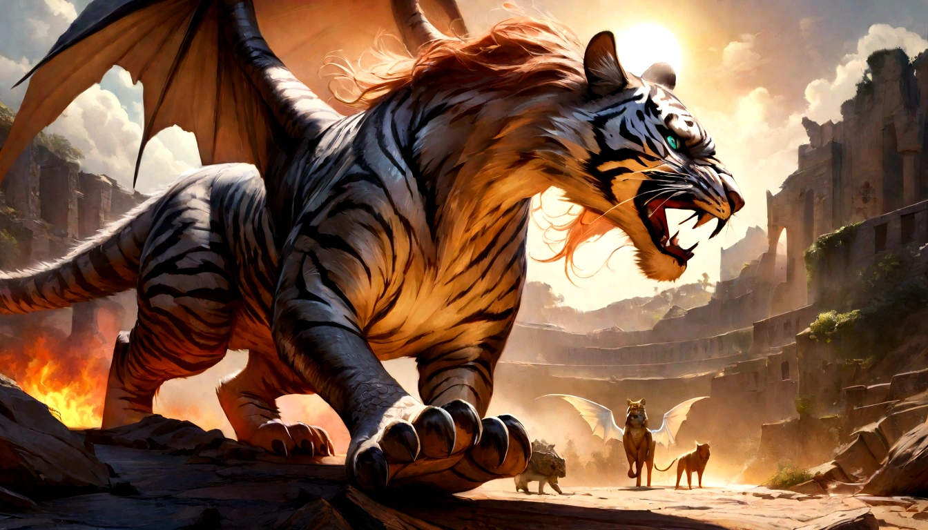 A dragon soaring in the sky, a sacred tiger running on the ground (best quality,4k,8k,highres,masterpiece:1.2),ultra-detailed,(realistic,photorealistic,photo-realistic:1.37), vivid colors, sharp focus, HDR, studio lighting, ultra-fine painting, dragon with intricately detailed scales, majestic wings, and piercing eyes, tiger with powerful muscles, majestic striped fur, and intense gaze, magical atmosphere, dynamic composition, lush green scenery, floating clouds, glowing sun, mystical rays of light, ancient ruins in the background, sense of adventure and mystery, ethereal ambiance, dragon and tiger in a fierce confrontation, displaying strength and power, intense and vibrant colors, epic battle scene, roaring flames and fiery breath, sparkles and magical effects, unprecedented attention to detail, intricate textures and patterns, meticulous brushwork, stunning realism, fine artistic craftsmanship, dramatic lighting and shadows, capturing the essence of mythical creatures, emphasizing their grandeur and majesty, evoking a sense of awe and wonder, masterful depiction of movement and energy, fusion of fantasy and reality, blending traditional and modern art styles, showcasing the beauty and power of nature and wildlife, conveying a sense of harmony and balance.