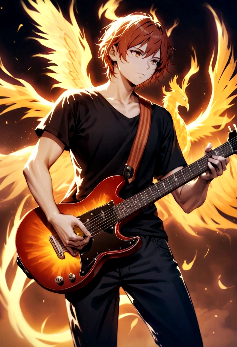 make a character that is based on the phoenix and has a guitar in his hands 