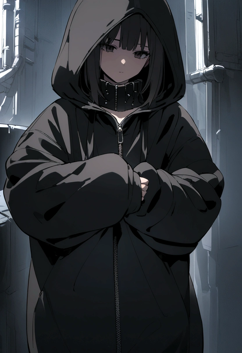 Oversized full zip-up sweatshirt with long sleeves、Oversized zip collar、Putting on a loose hoodie with your arms、Black hoodie、Oversized, baggy hoodie、Wearing a fully open hoodie with your arms