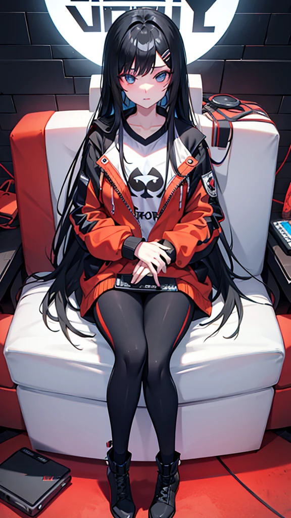 , long black hair, gamer, influencer, no quarto