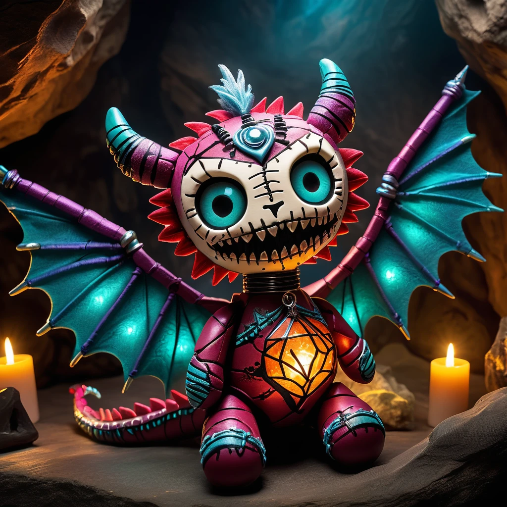 (knitted toy voodoo doll:1.9), (Voodoo Magic Dragon:1.6), (Clothing: enchanted scales with mystical runes:1.0), (Accessories: glowing crystal orb, magical amulet, dragon wings:1.2), (Background: ancient cave with glowing crystals, swirling mist, and magical glyphs:1.2), (full body:1.0), best quality, masterpiece, detailed soft oil painting, detailed background, dramatic cinematic lighting, soft edge lighting, professional, dramatic lighting, hard edge lighting, ultra quality, 4k, masterpiece, best quality, 8k, ultra high definition, high resolution, extremely detailed