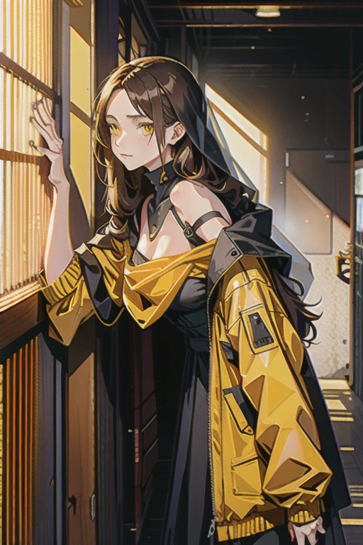 Mature female, Without expression, roadblock, Leaning against the wall, Interior, wooden Interior, 1girl, Brown veil, Shoulder length hair, Yellow eyes, , Black jacket, Glowing heart