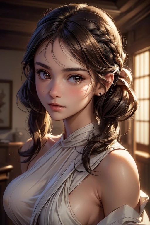 (work of art:1.4), (8K, photorrealistic, CRU photo, best qualityer: 1.4), Japanese, (1 girl), beautiful face, (lifelike face:1.4), (cabelo highy detailed:1.3), beautiful princess leia hairstyle, realistic brown eyes, beautiful detailed brown eyes, (realisic skin:1.3), beautiful fur, appealing, ultra high resolution, ultra realistic, highy detailed, golden ratio, (face detailed:1.4), (realistic medium breasts:1.4), (braless:1.4), happy_niplles,