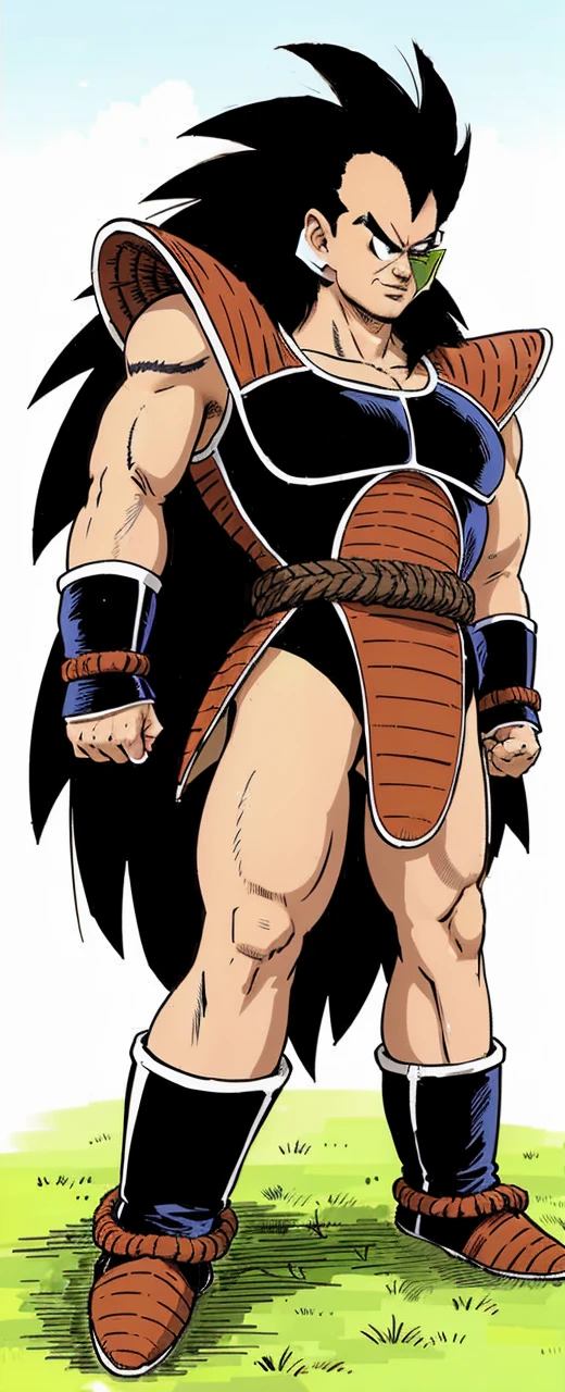 raditz, 1boy, solo, black hair, black eyes, from the front e(upper body:1.5,).portrait, smirk, saiyan armor, shoulder armor,(green scouter), faulds,very long hair,blue sky,plateau,tree,grass,standing,looking at viewer,tail around waist, red armband,black briefs,rocks, muscular male, (best quality, masterpiece) ,