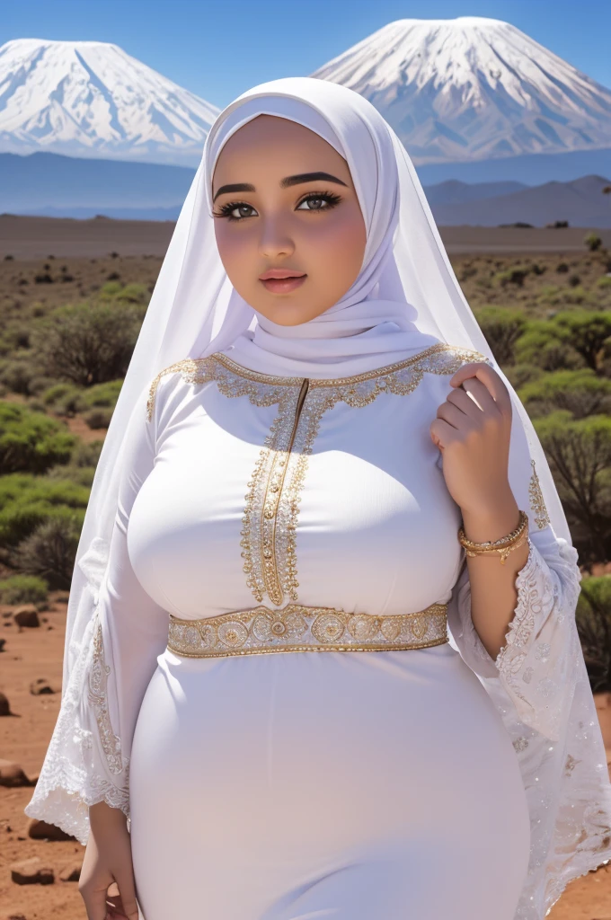 1 Heavenly beautiful and goddess beauty cute and sweet looking face Arabian woman in front of Mount Kilimanjaro, Heavenly beautiful Overweight, Heavenly beautiful Extremely fat, Heavenly beautiful and attractive Chubby figure , Heavenly beautiful looking and eye catching luxury style tight fitting bridal abayas with hijab, reaching out, Heavenly beautiful Arabian woman, 16k, High resolution, masterpiece, highest quality, fine skin, close up figure view, Realistic Photograph