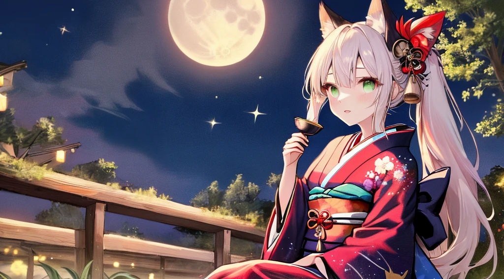 best qualtiy, 超A high resolution, A detailed face, A detailed eye, beautiful sexy woman, black and red kimono, moon in background, nigh sky, holding sake in hand, Sparkle, butterflys々, Fantastical, Looking up at the moon, sit at the base of a tree,