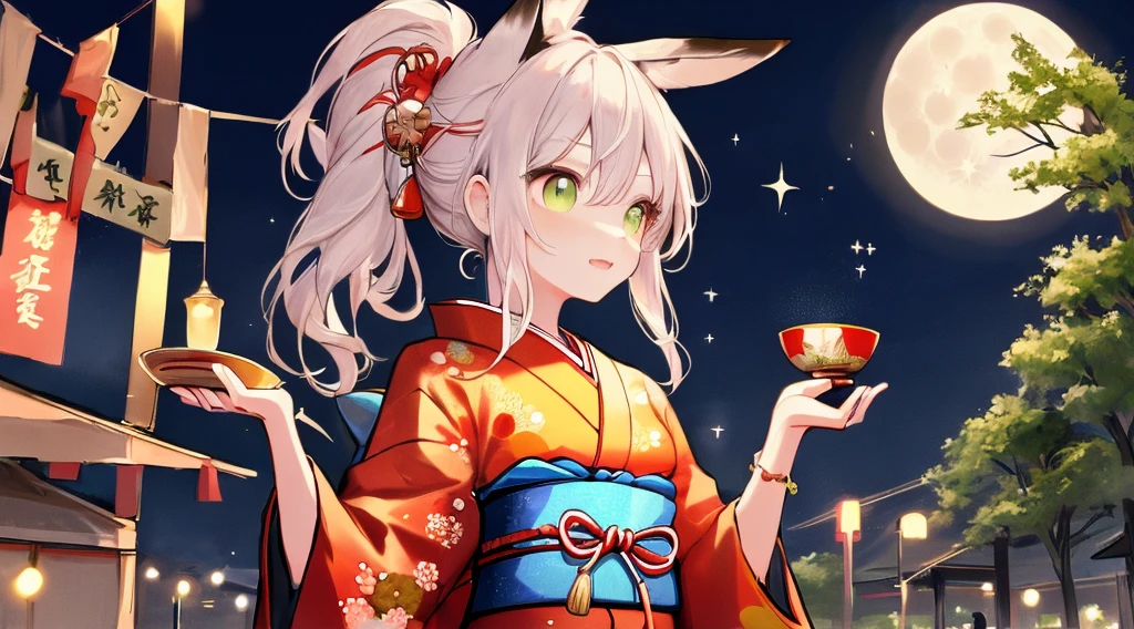 best qualtiy, 超A high resolution, A detailed face, A detailed eye, beautiful sexy woman, black and red kimono, moon in background, nigh sky, holding sake in hand, Sparkle, butterflys々, Fantastical, Looking up at the moon, sit at the base of a tree,